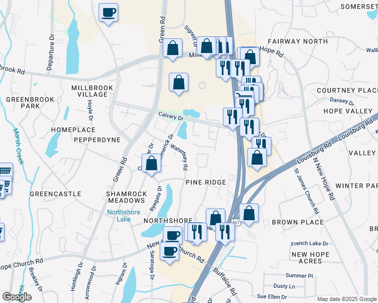 map of restaurants, bars, coffee shops, grocery stores, and more near 4600 Waterbury Road in Raleigh