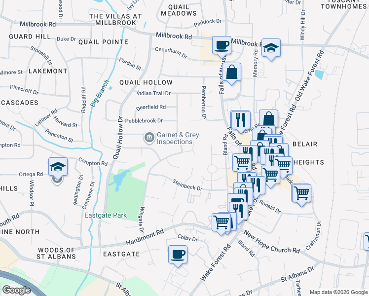 map of restaurants, bars, coffee shops, grocery stores, and more near 4504 Wingate Drive in Raleigh