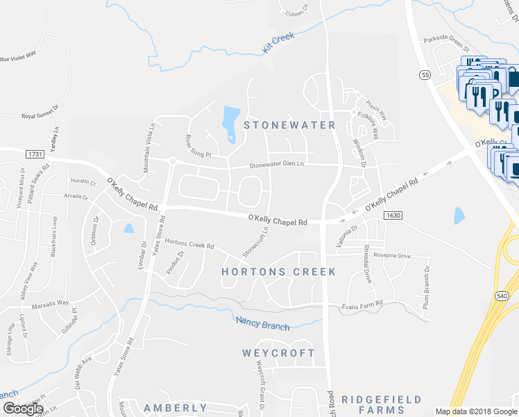 map of restaurants, bars, coffee shops, grocery stores, and more near 431 Panorama Park Place in Cary
