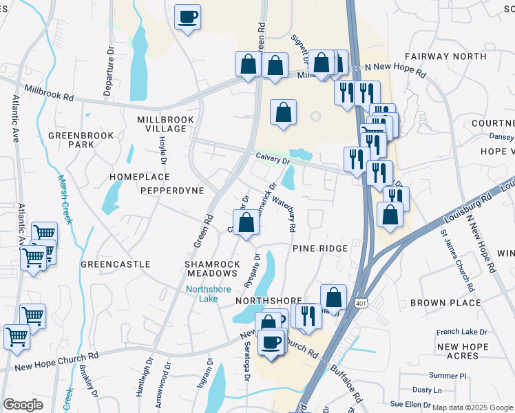 map of restaurants, bars, coffee shops, grocery stores, and more near 4613 Limerick Drive in Raleigh