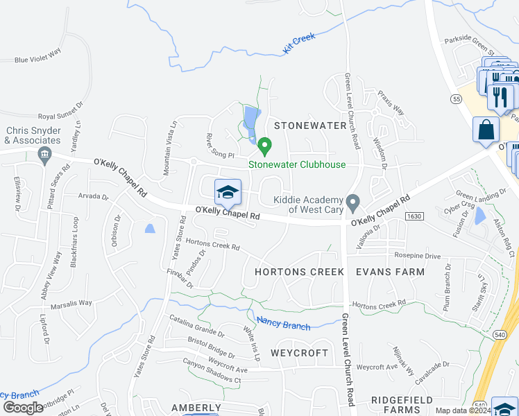 map of restaurants, bars, coffee shops, grocery stores, and more near 465 Panorama Park Place in Cary