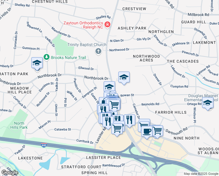 map of restaurants, bars, coffee shops, grocery stores, and more near 4601 Six Forks Road in Raleigh