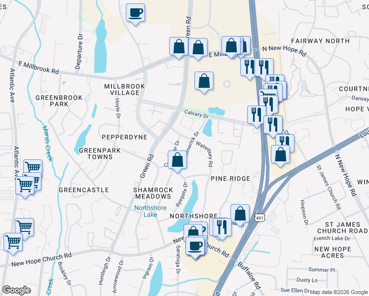 map of restaurants, bars, coffee shops, grocery stores, and more near 4608 Limerick Drive in Raleigh