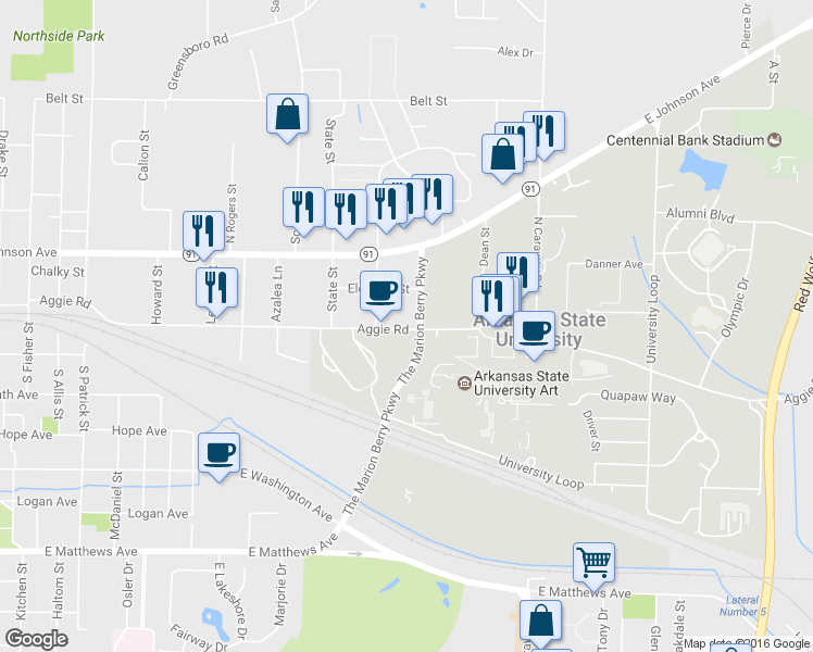 map of restaurants, bars, coffee shops, grocery stores, and more near 1918 Aggie Road in Jonesboro