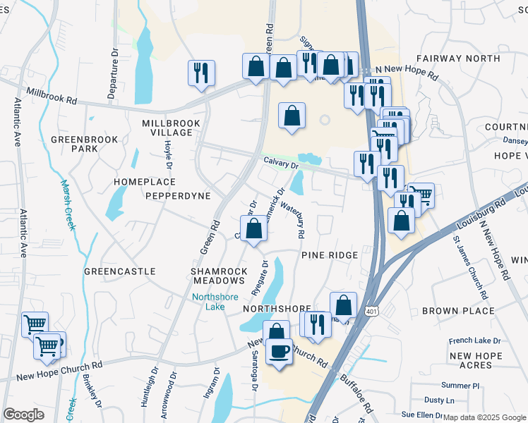 map of restaurants, bars, coffee shops, grocery stores, and more near 4613 Limerick Drive in Raleigh