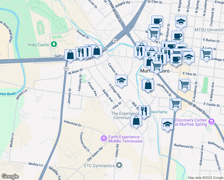 map of restaurants, bars, coffee shops, grocery stores, and more near 315 Battle Avenue in Murfreesboro