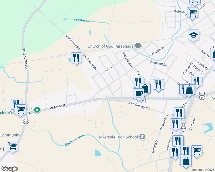 map of restaurants, bars, coffee shops, grocery stores, and more near 100 South McCaskey Road in Williamston