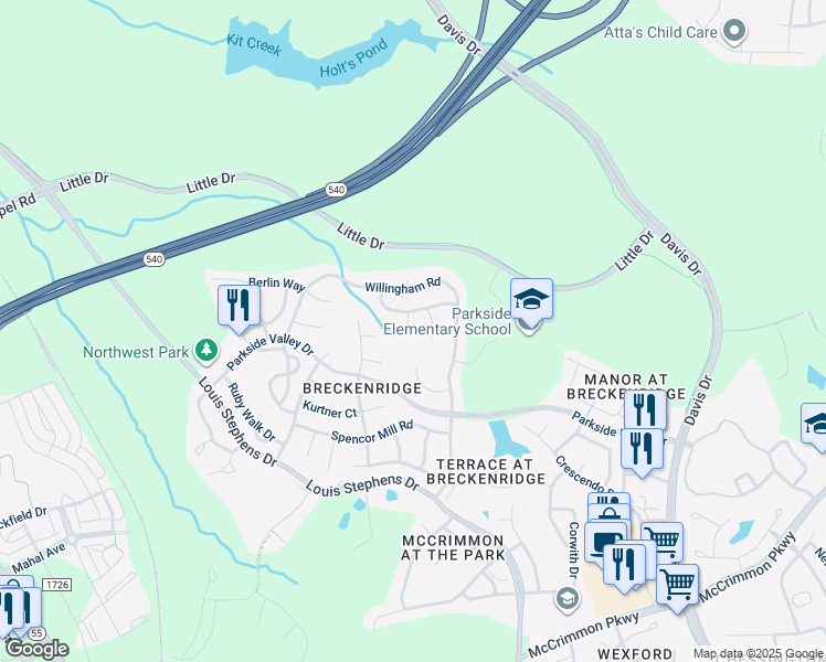 map of restaurants, bars, coffee shops, grocery stores, and more near 107 Apple Cart Way in Morrisville