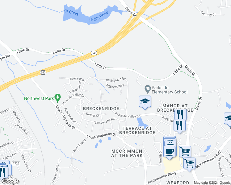 map of restaurants, bars, coffee shops, grocery stores, and more near 107 Apple Cart Way in Morrisville