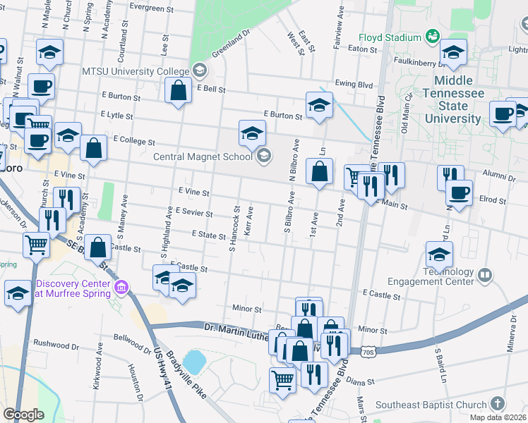 map of restaurants, bars, coffee shops, grocery stores, and more near 213 Kerr Avenue in Murfreesboro