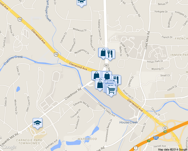 map of restaurants, bars, coffee shops, grocery stores, and more near 4513 Creedmoor Road in Raleigh