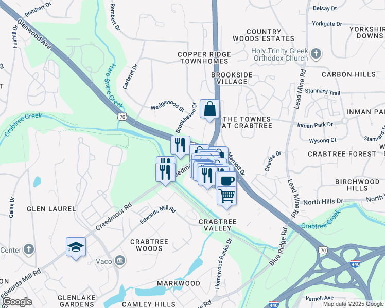 map of restaurants, bars, coffee shops, grocery stores, and more near 4513 Creedmoor Road in Raleigh