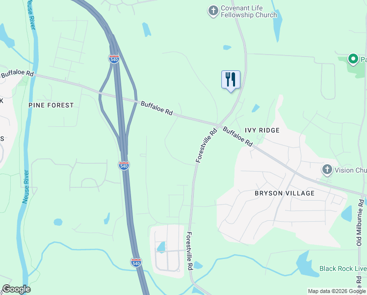 map of restaurants, bars, coffee shops, grocery stores, and more near 5100 Forestville Road in Raleigh