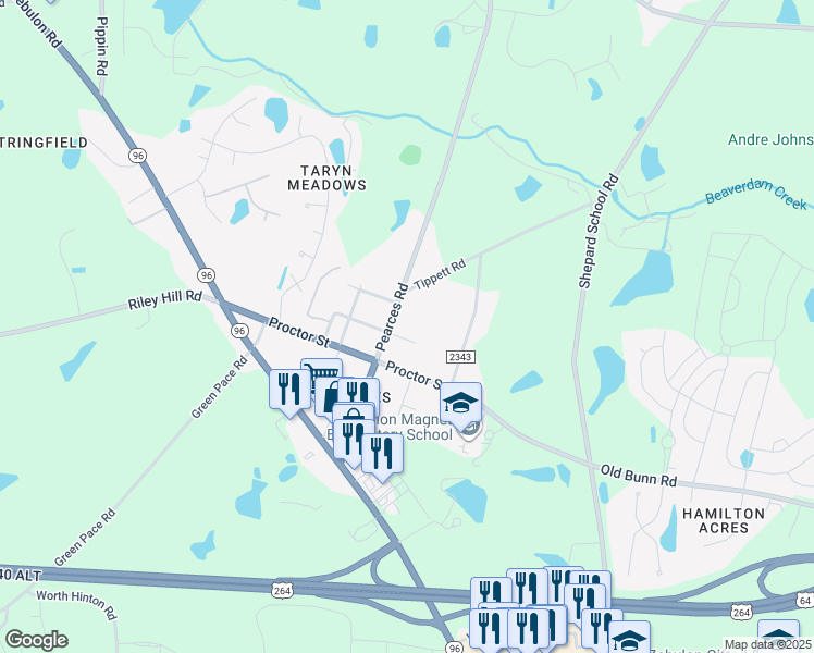 map of restaurants, bars, coffee shops, grocery stores, and more near 406 Pearces Road in Zebulon