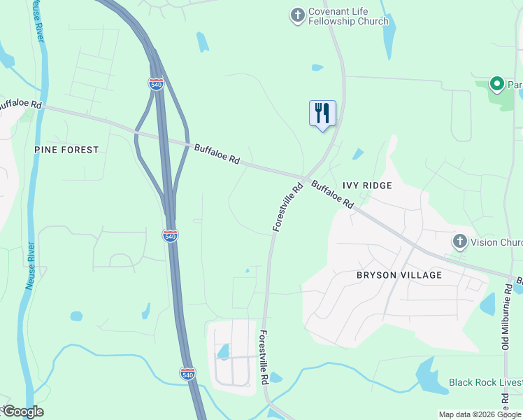 map of restaurants, bars, coffee shops, grocery stores, and more near 5128-5228 Forestville Road in Raleigh