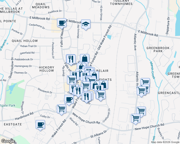 map of restaurants, bars, coffee shops, grocery stores, and more near 4518 Old Wake Forest Road in Raleigh