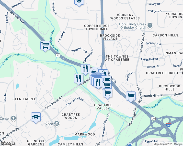 map of restaurants, bars, coffee shops, grocery stores, and more near 4801 Glenwood Avenue in Raleigh