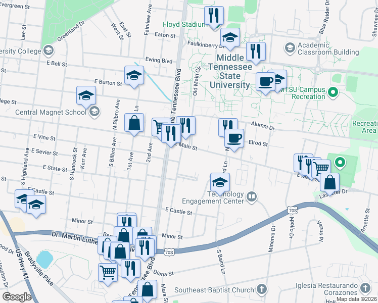 map of restaurants, bars, coffee shops, grocery stores, and more near 1408 East Main Street in Murfreesboro