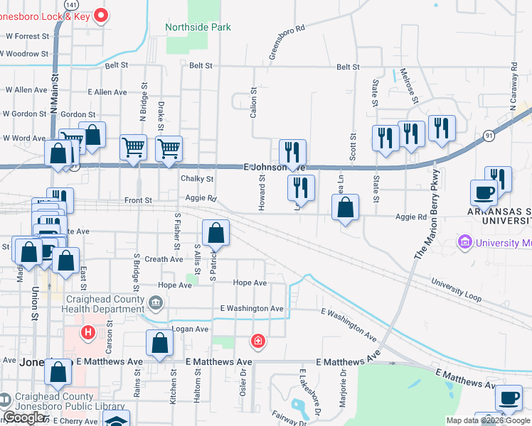 map of restaurants, bars, coffee shops, grocery stores, and more near 1215 Aggie Road in Jonesboro