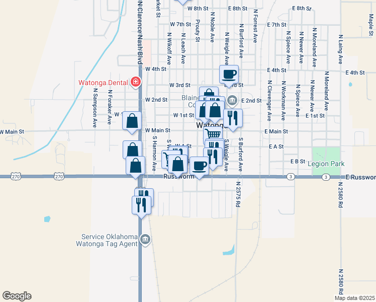 map of restaurants, bars, coffee shops, grocery stores, and more near 214 West B Street in Watonga