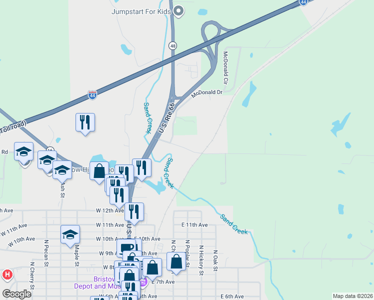 map of restaurants, bars, coffee shops, grocery stores, and more near 35148 E0810 Road in Bristow