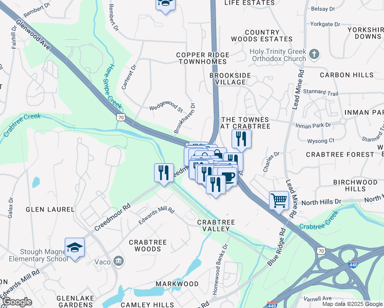 map of restaurants, bars, coffee shops, grocery stores, and more near 4801 Glenwood Avenue in Raleigh
