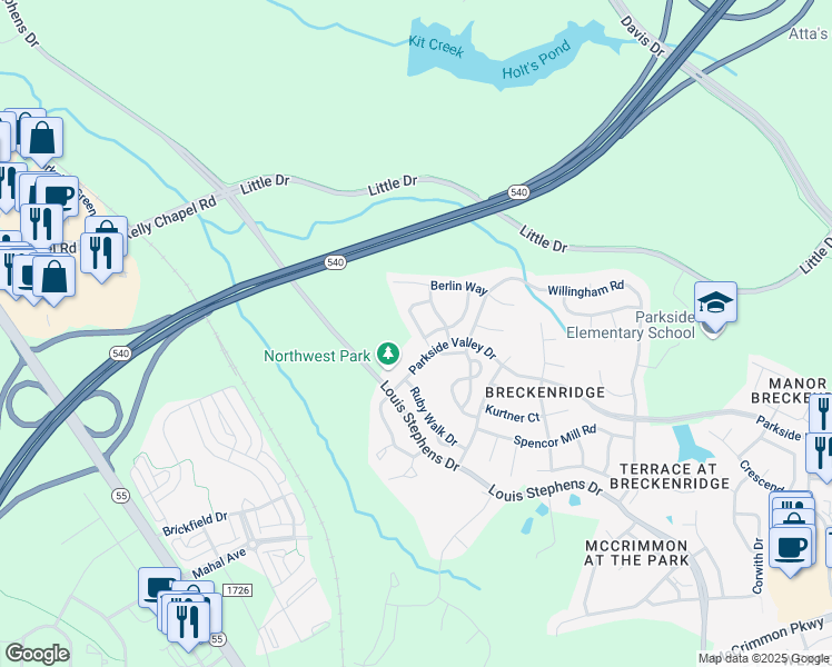 map of restaurants, bars, coffee shops, grocery stores, and more near 404 Apricot Circle in Morrisville