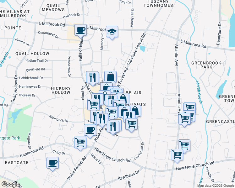 map of restaurants, bars, coffee shops, grocery stores, and more near 4518 Old Wake Forest Road in Raleigh