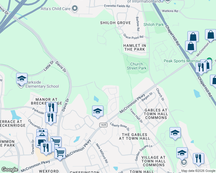 map of restaurants, bars, coffee shops, grocery stores, and more near 1008 Midvale Avenue in Morrisville