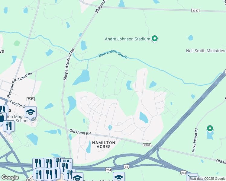 map of restaurants, bars, coffee shops, grocery stores, and more near 1225 Old Bunn Road in Zebulon