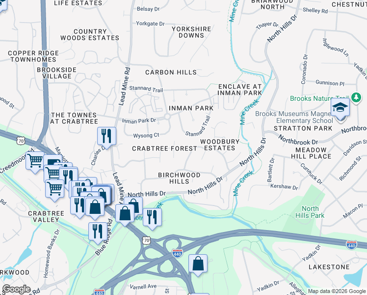 map of restaurants, bars, coffee shops, grocery stores, and more near 4416 Woodbury Drive in Raleigh