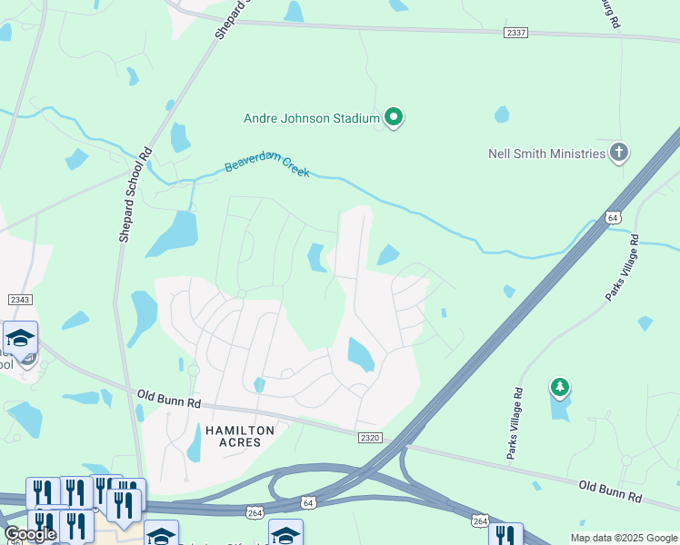 map of restaurants, bars, coffee shops, grocery stores, and more near 732 Mirror Pond Drive in Zebulon