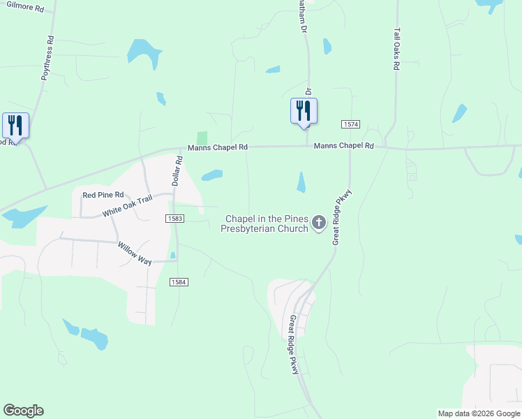 map of restaurants, bars, coffee shops, grocery stores, and more near 4072 Manns Chapel Road in Pittsboro