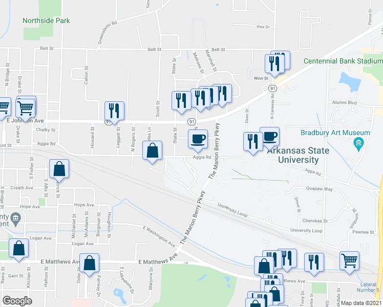 map of restaurants, bars, coffee shops, grocery stores, and more near 1814 Aggie Road in Jonesboro