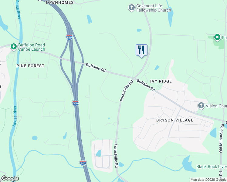 map of restaurants, bars, coffee shops, grocery stores, and more near 5128-5228 Forestville Road in Raleigh