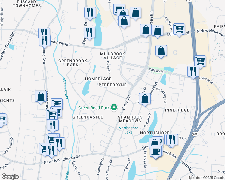 map of restaurants, bars, coffee shops, grocery stores, and more near 4632 Kilcullen Drive in Raleigh