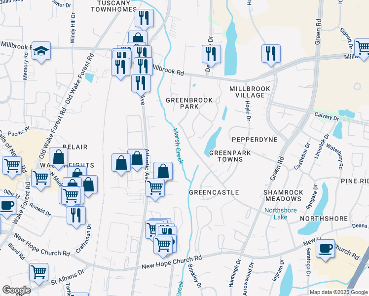 map of restaurants, bars, coffee shops, grocery stores, and more near 4605 Brockton Drive in Raleigh