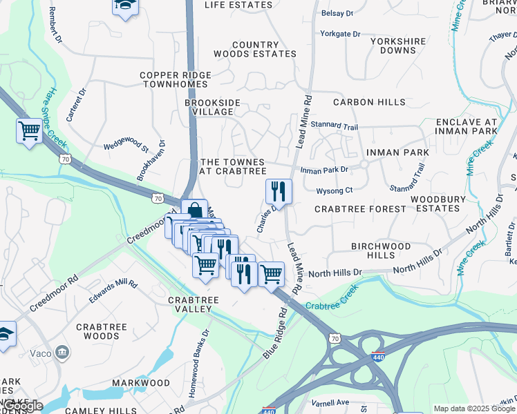 map of restaurants, bars, coffee shops, grocery stores, and more near 2235 Charles Drive in Raleigh