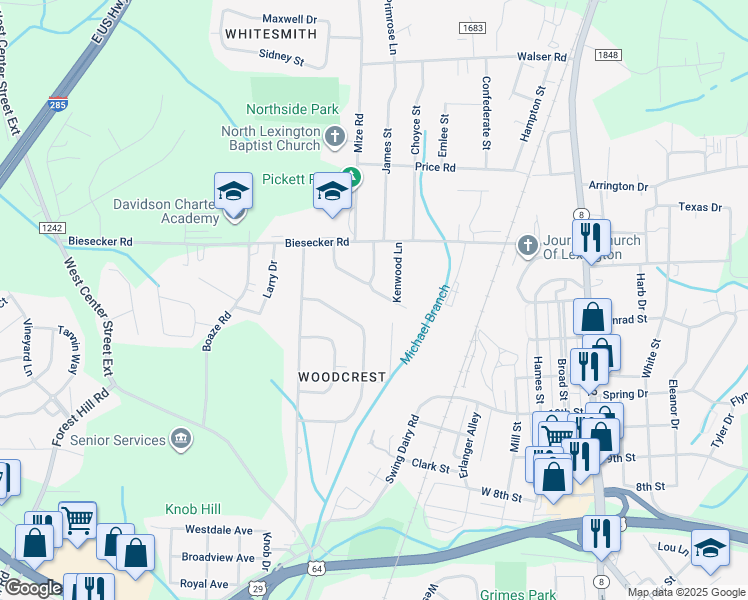 map of restaurants, bars, coffee shops, grocery stores, and more near 215 Woodhaven Drive in Lexington