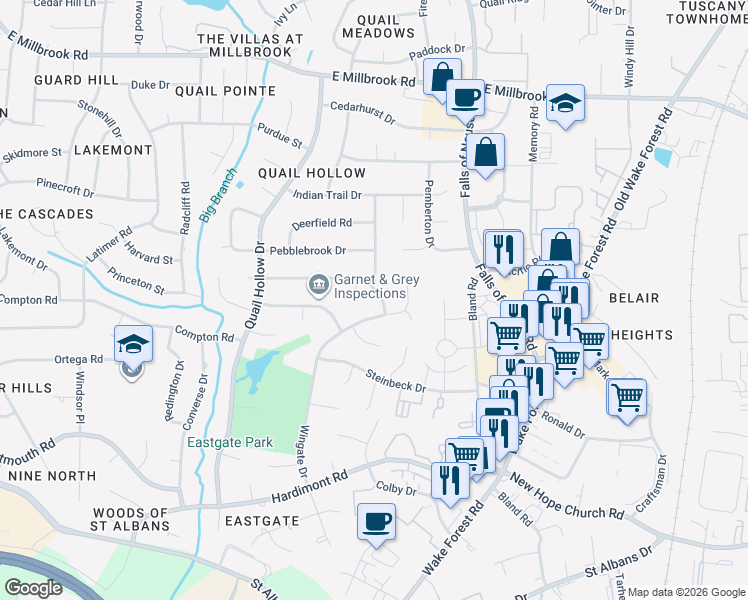 map of restaurants, bars, coffee shops, grocery stores, and more near 4409 Wingate Drive in Raleigh