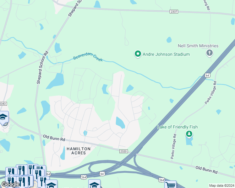 map of restaurants, bars, coffee shops, grocery stores, and more near 300 Rustling Way in Zebulon