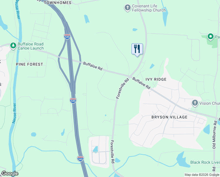 map of restaurants, bars, coffee shops, grocery stores, and more near 5128-5228 Forestville Road in Raleigh