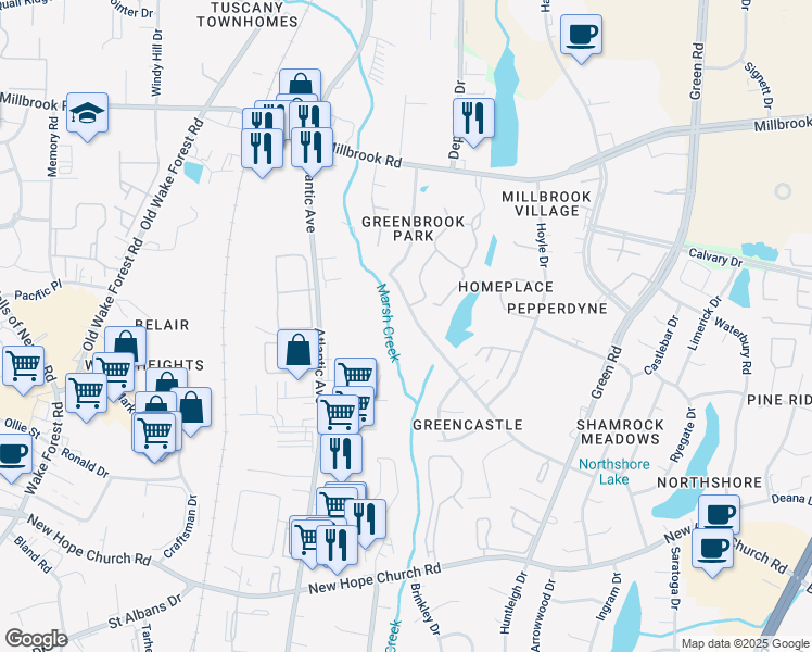 map of restaurants, bars, coffee shops, grocery stores, and more near 4605 Brockton Drive in Raleigh