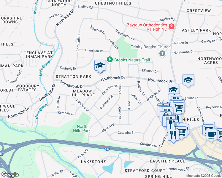 map of restaurants, bars, coffee shops, grocery stores, and more near 713 Davidson Street in Raleigh