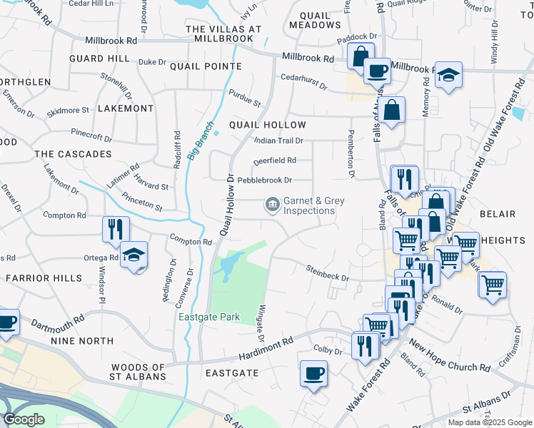 map of restaurants, bars, coffee shops, grocery stores, and more near 1001 Thoreau Drive in Raleigh