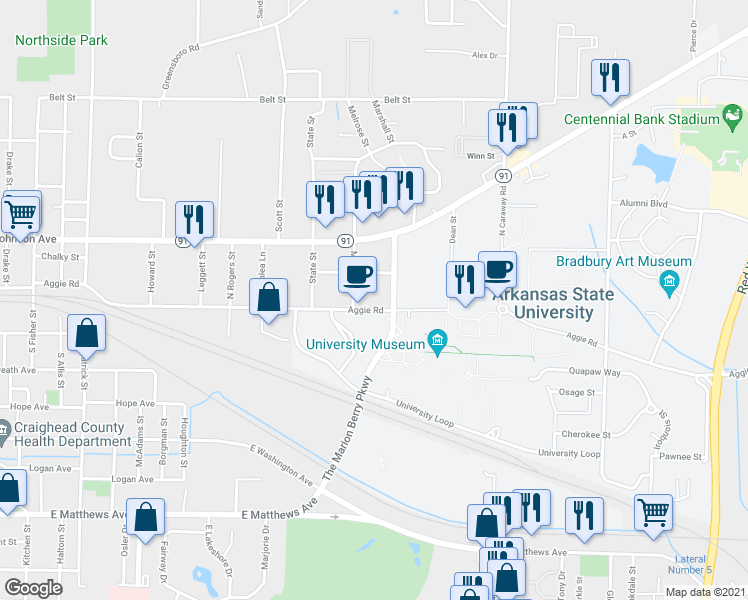 map of restaurants, bars, coffee shops, grocery stores, and more near 1918 Aggie Road in Jonesboro