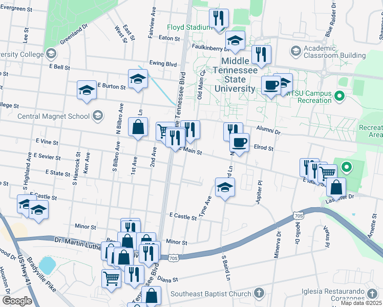 map of restaurants, bars, coffee shops, grocery stores, and more near 105 4th Avenue in Murfreesboro
