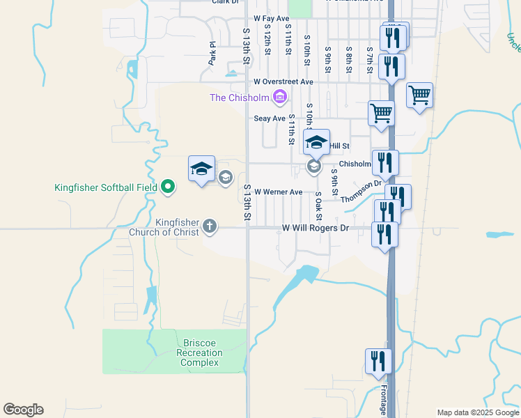 map of restaurants, bars, coffee shops, grocery stores, and more near 1513 South 13th Street in Kingfisher