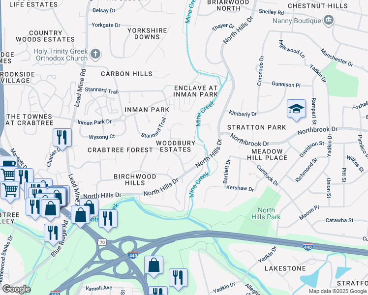 map of restaurants, bars, coffee shops, grocery stores, and more near 4505 Chesborough Road in Raleigh