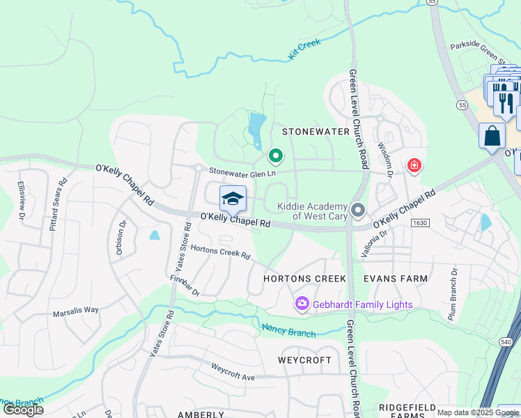 map of restaurants, bars, coffee shops, grocery stores, and more near 475 Panorama Park Place in Cary